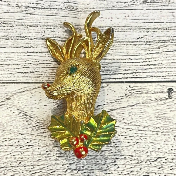 VINTAGE VTG ANTIQUE PIN BROOCH Christmas Holiday Reindeer Rhinestone Gerry’s - Picture 1 of 5